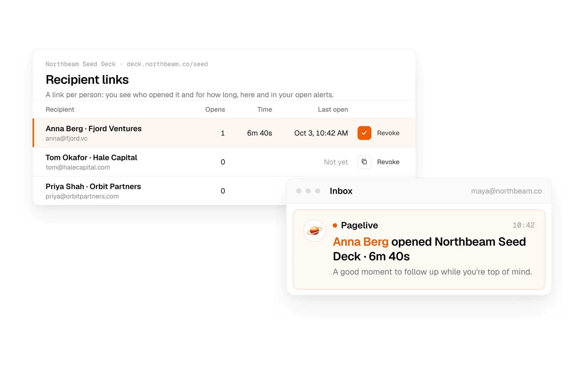 Recipient links for each investor, and an email showing an investor opened the deck and read for 6 minutes 40 seconds