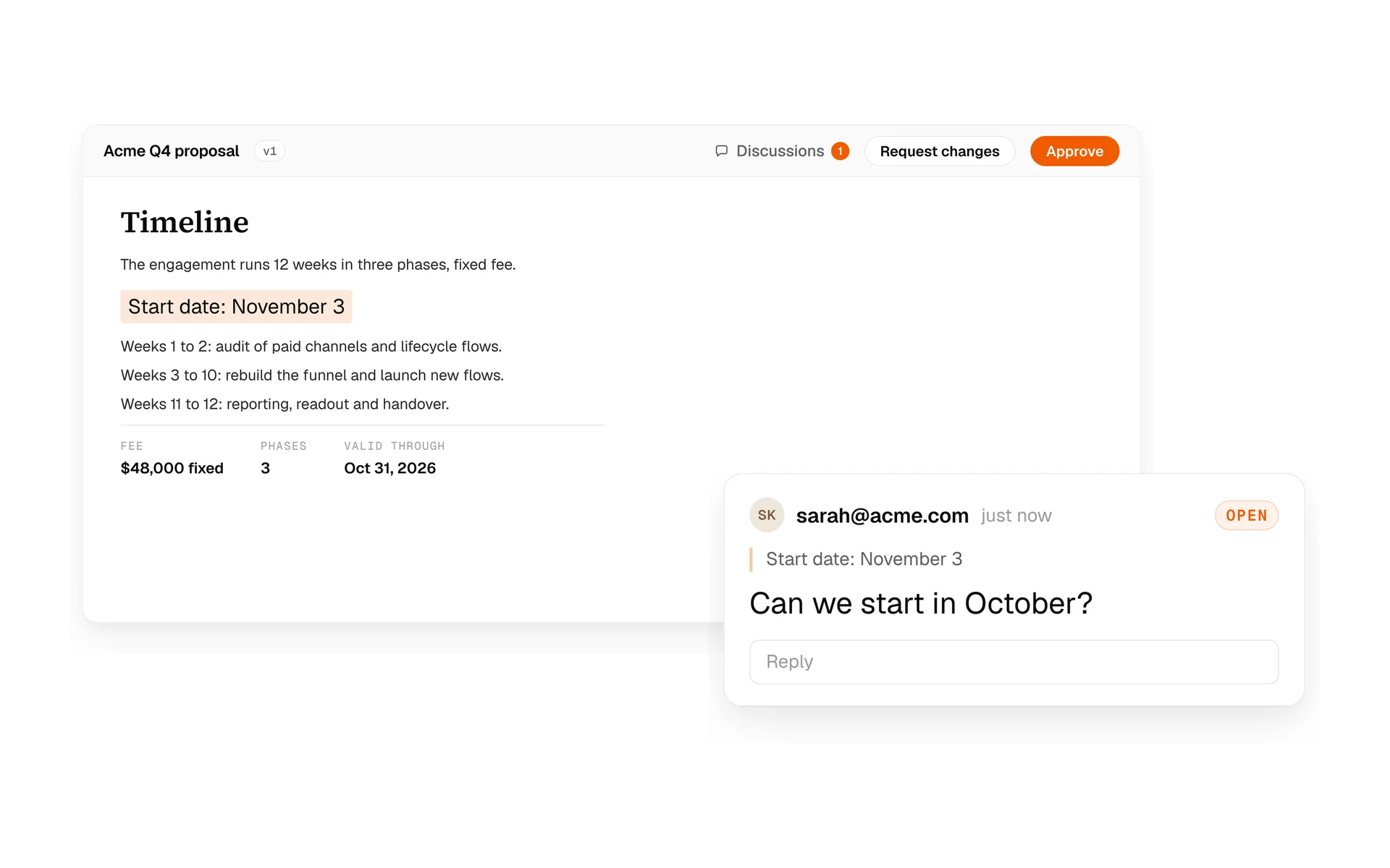 A client comment on a proposal page with Approve and Request changes