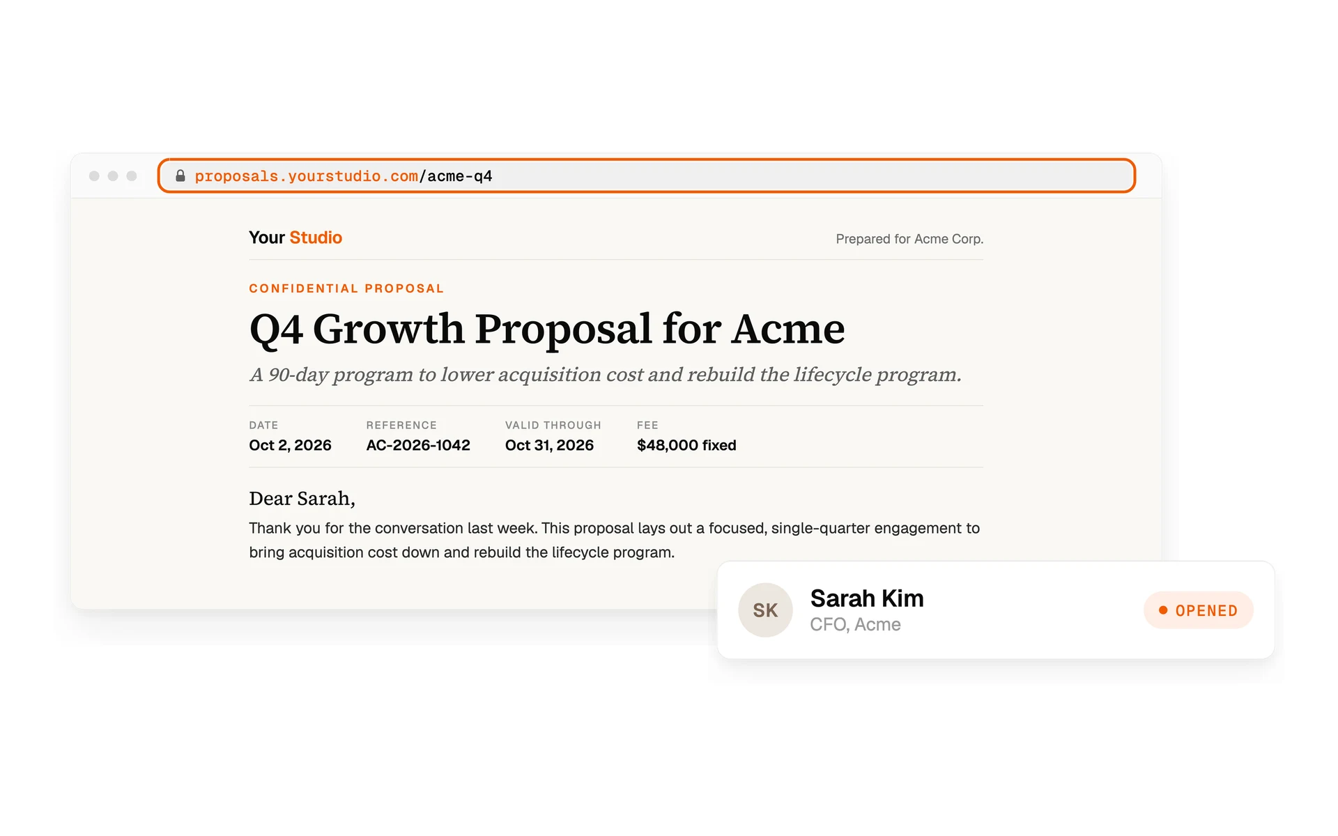 A proposal published on your own link, with a notification that the client opened it